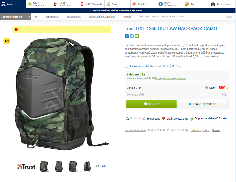 Odolný herní batoh Trust, USB, pláštěnka