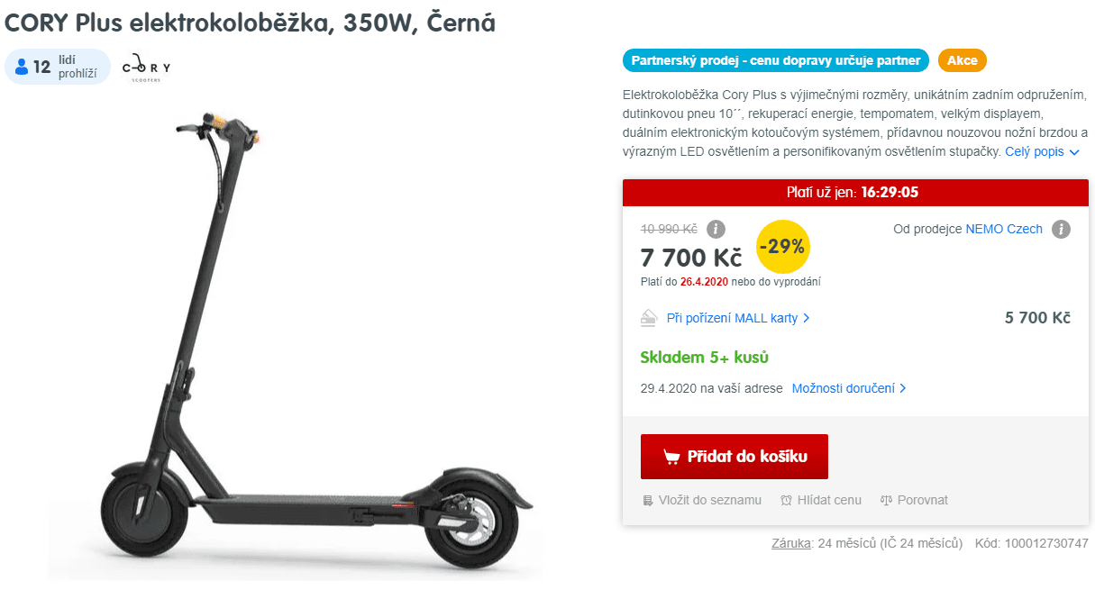 El. koloběžka Cory, 25km/h, 29km dojezd