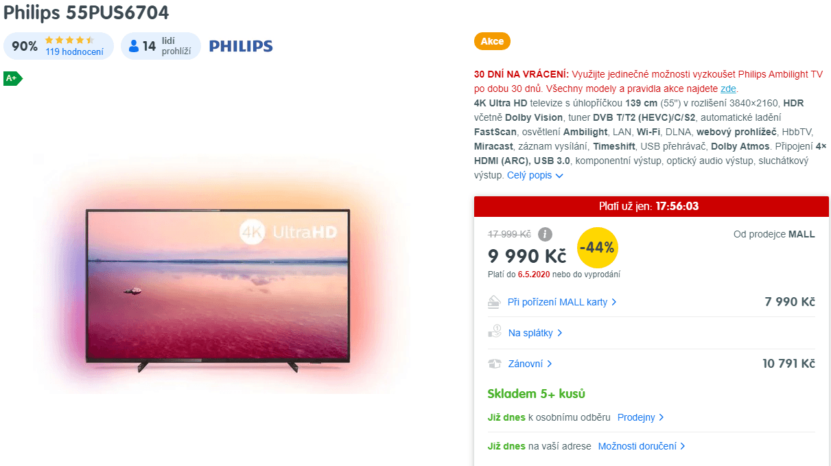 4K Smart TV, Ambilight, 139cm, HDR, Philips