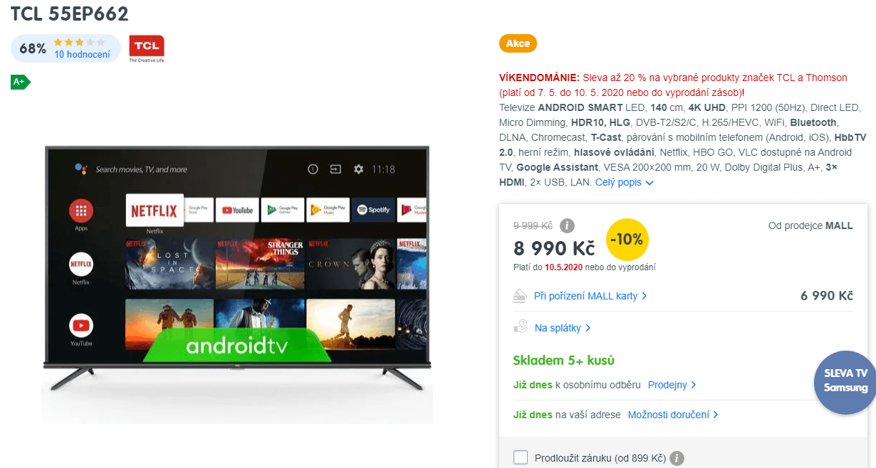 4K Smart TV, HDR, 139cm, TCL