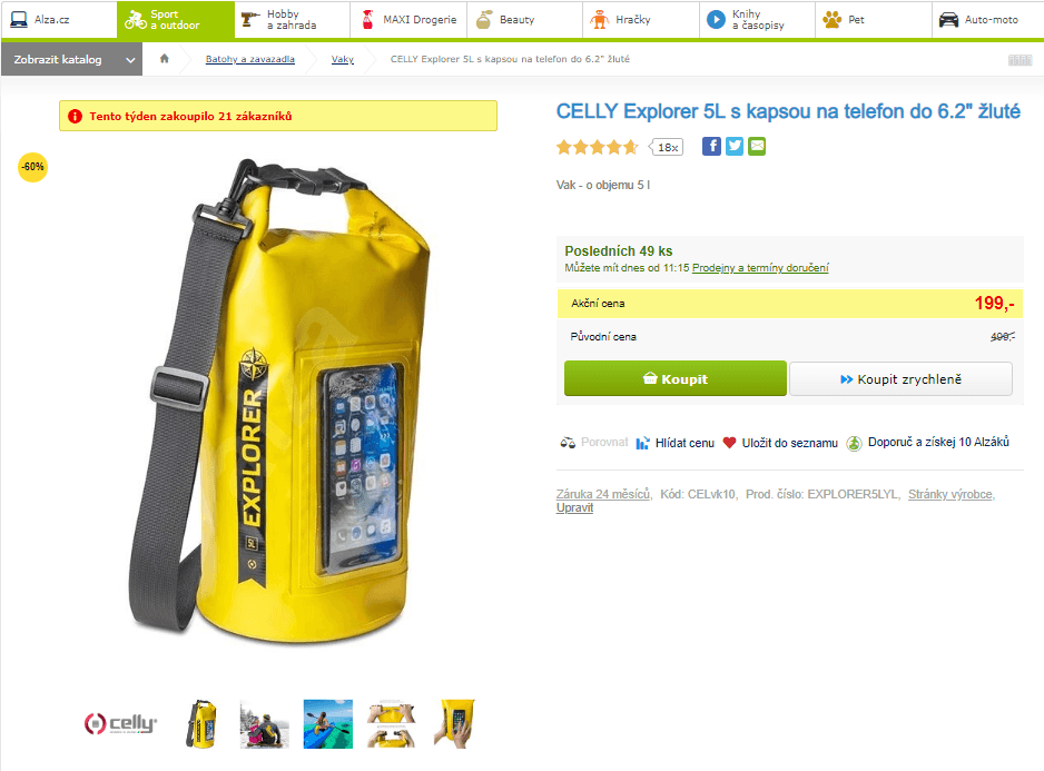 Voděodolný vak Celly Explorer 5L s kapsou