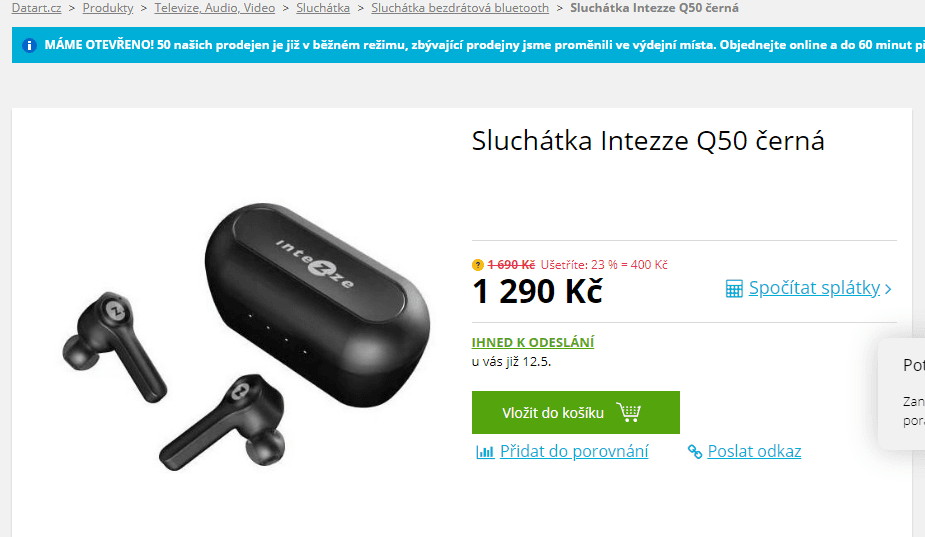 BT sluchátka  Intezze Q50, TWS+