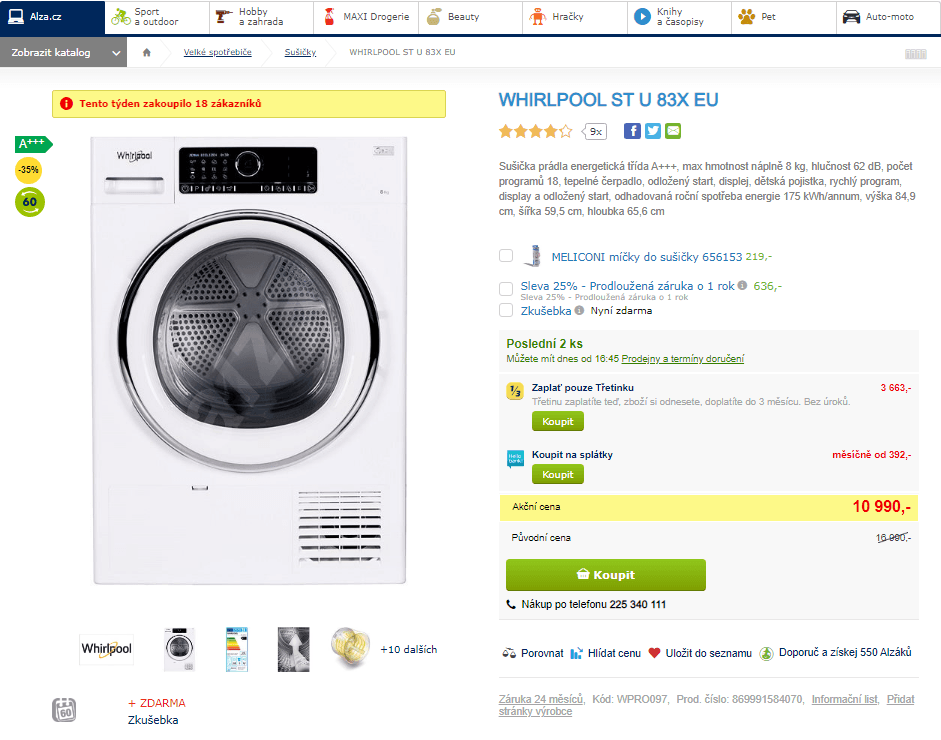 Sušička prádla Whirlpool, A+++, 8 kg