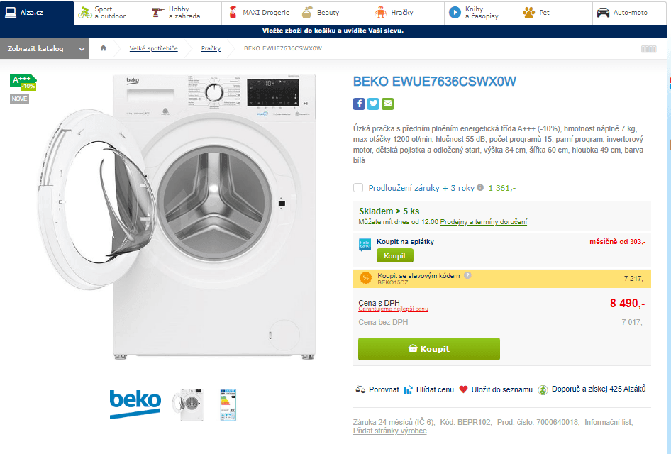 Pračka Beko, A+++, 7 kg, 1200 ot. / min.