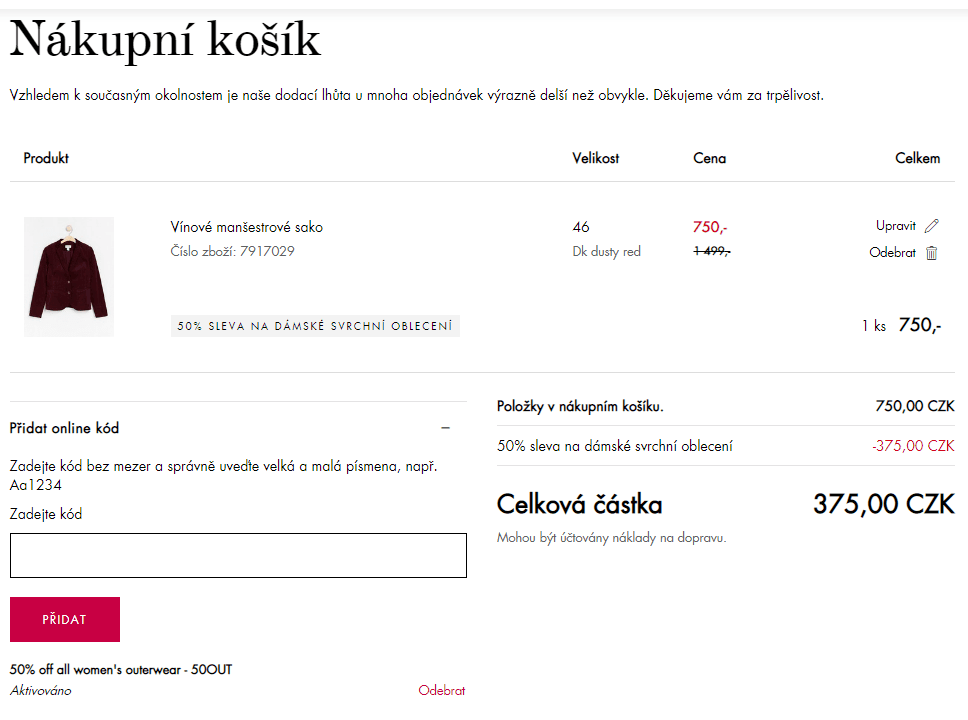 Extra slevový kód -50% na svrchní oděvy