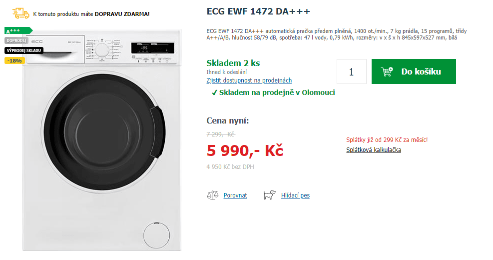 Pračka ECG, 7kg, 1400 ot., A+++