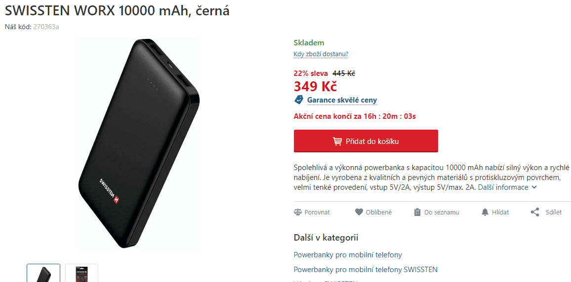 Powerbanka Swissten WORX, 10000 mAh