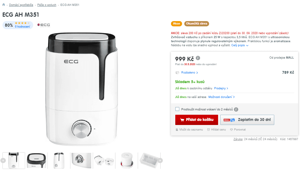 Zvlhčovač vzduchu ECG, 25W, 3,5l