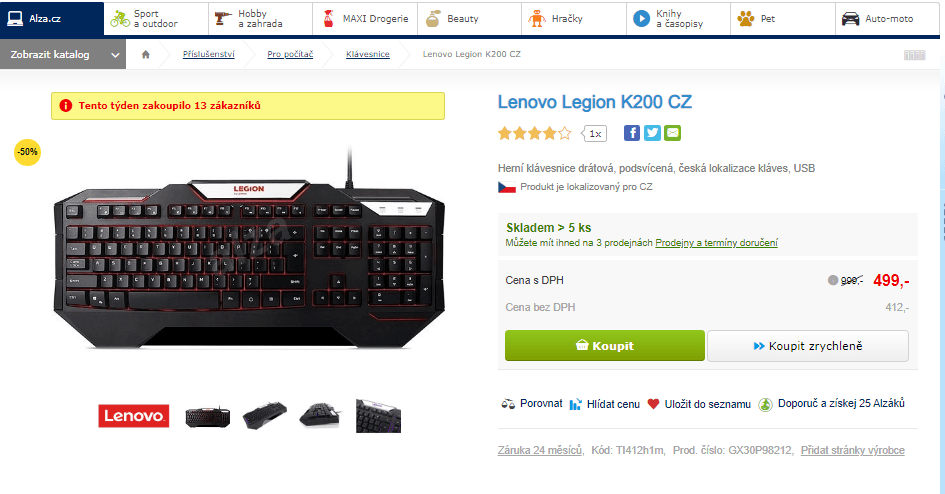 Herní klávesnice Lenovo Legion K200 CZ