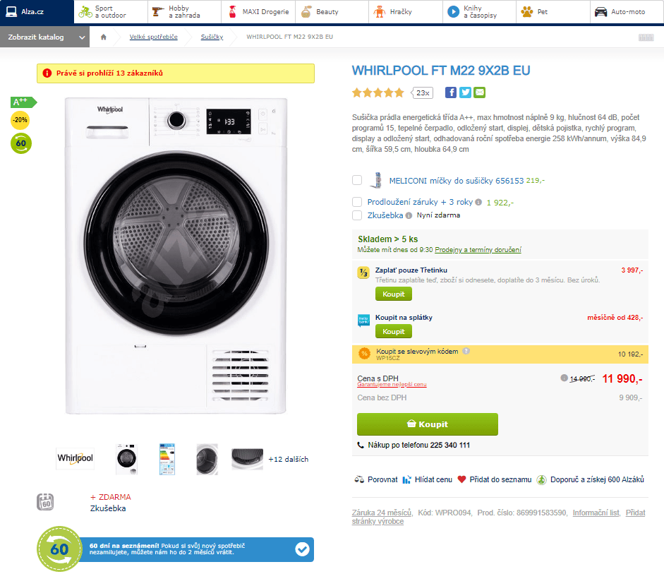 Sušička prádla Whirlpool, A++, 9 kg