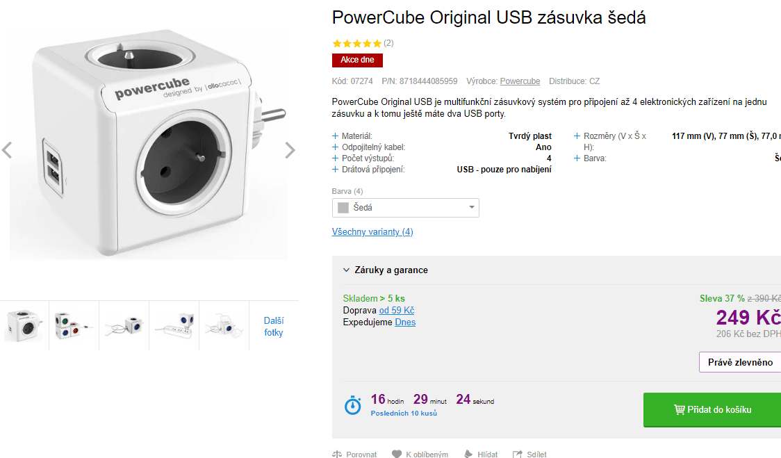 PowerCube, 4 zásuvky + 2x USB port
