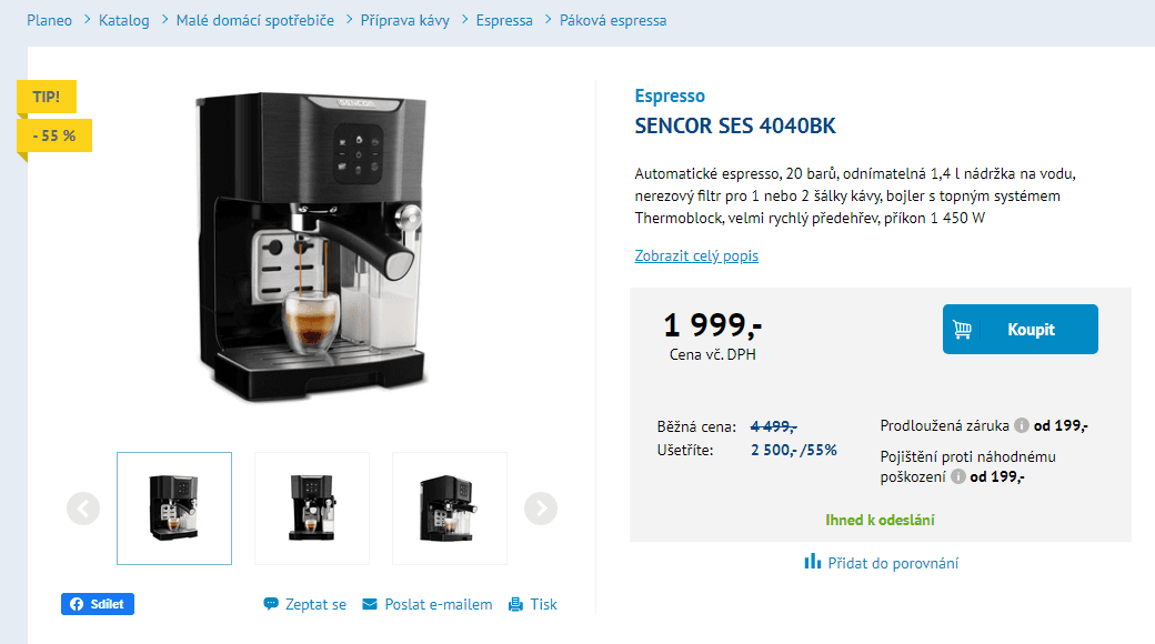 Pákové espresso Sencor, poloautomat