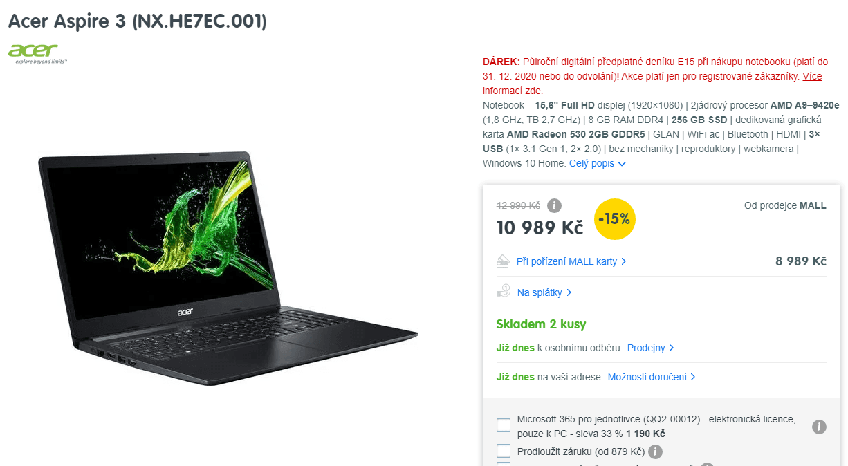 Acer, 2,7GHz, 8GB RAM, 2GB grafika, SSD