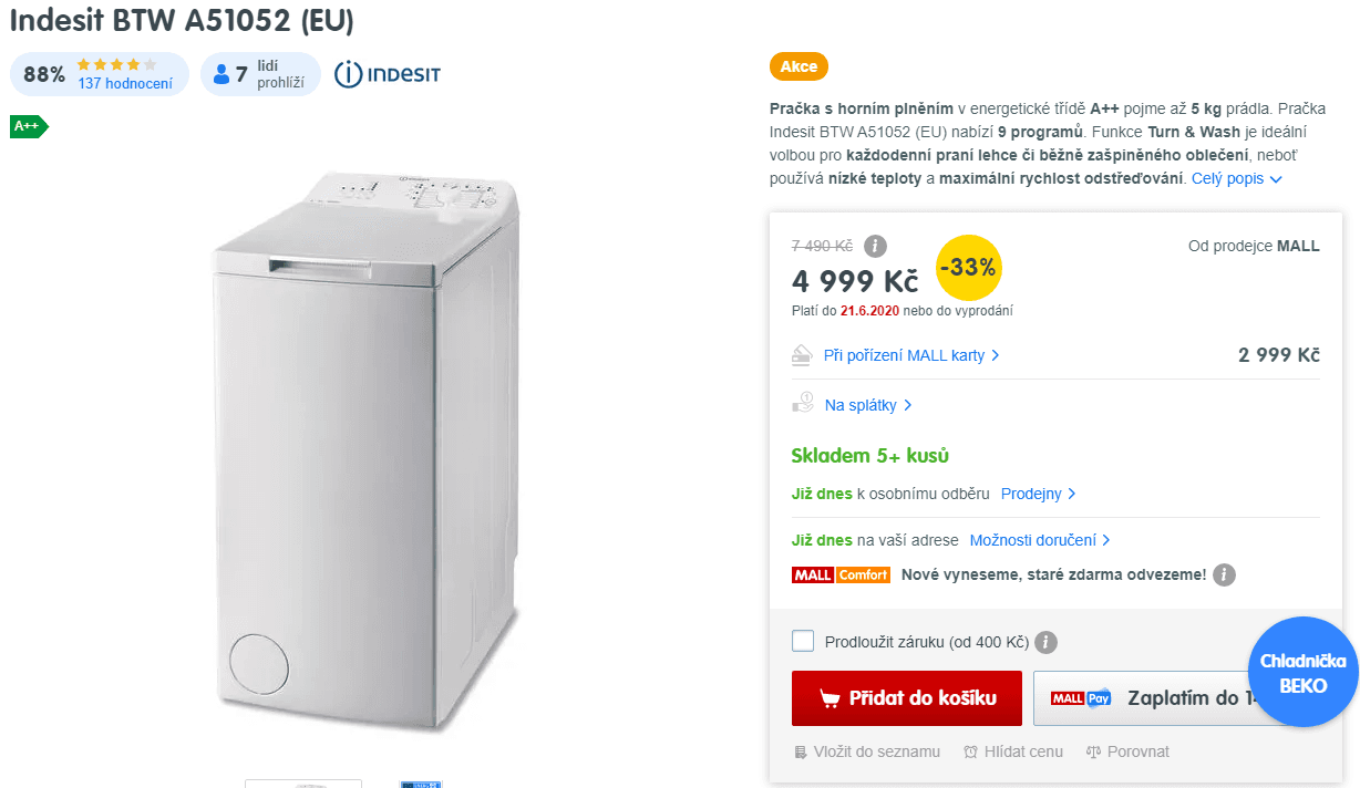 Indesit, 5 kg, 1000 ot., A++