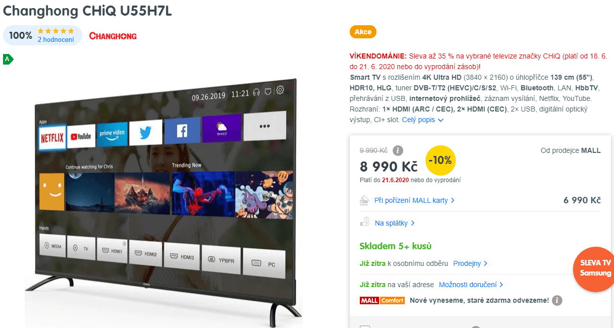 Ultra HD Smart TV, HDR, 139cm, Changhong