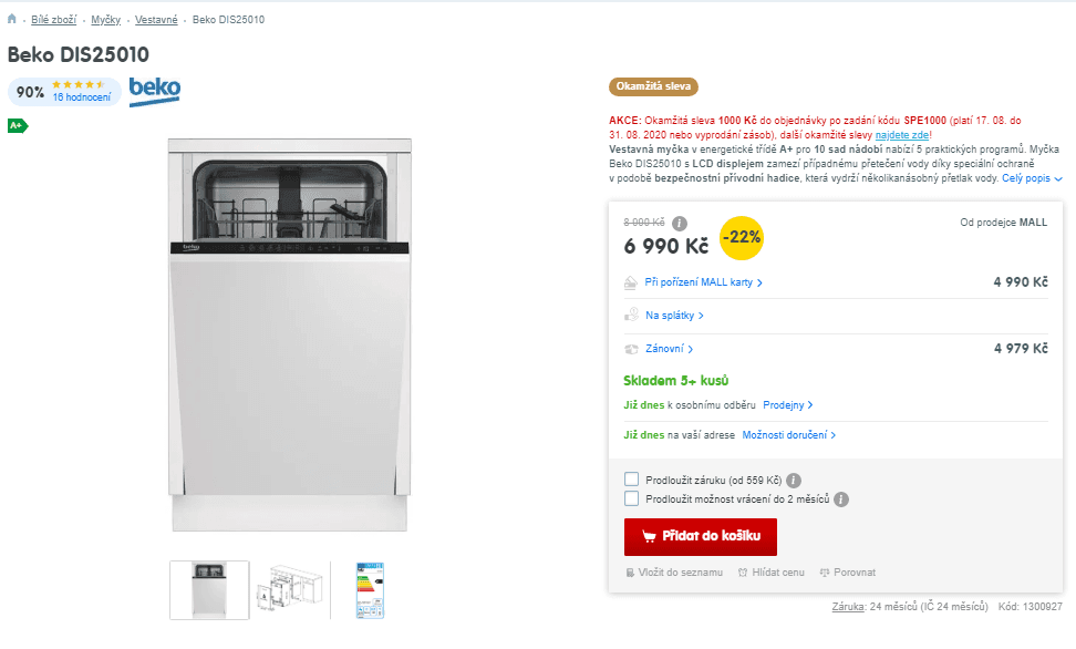 Vestavná myčka Beko, A+, 10 sad