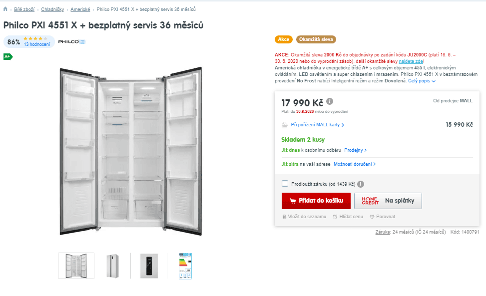 Americká lednice Philco, A+, 455 l