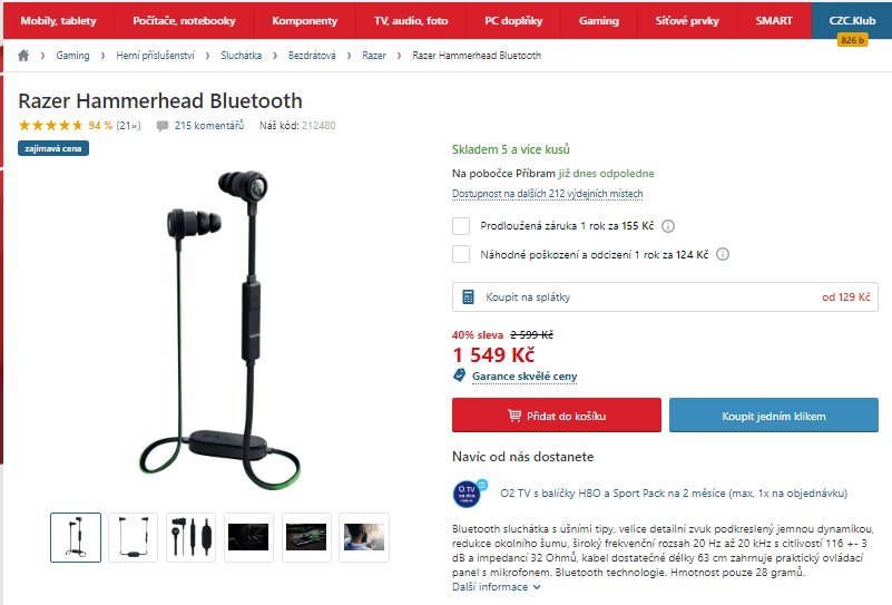 Herní BT sluchátka Razer Hammerhead 