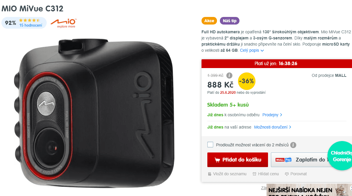 Autokamera Mio MiVue C312, full HD