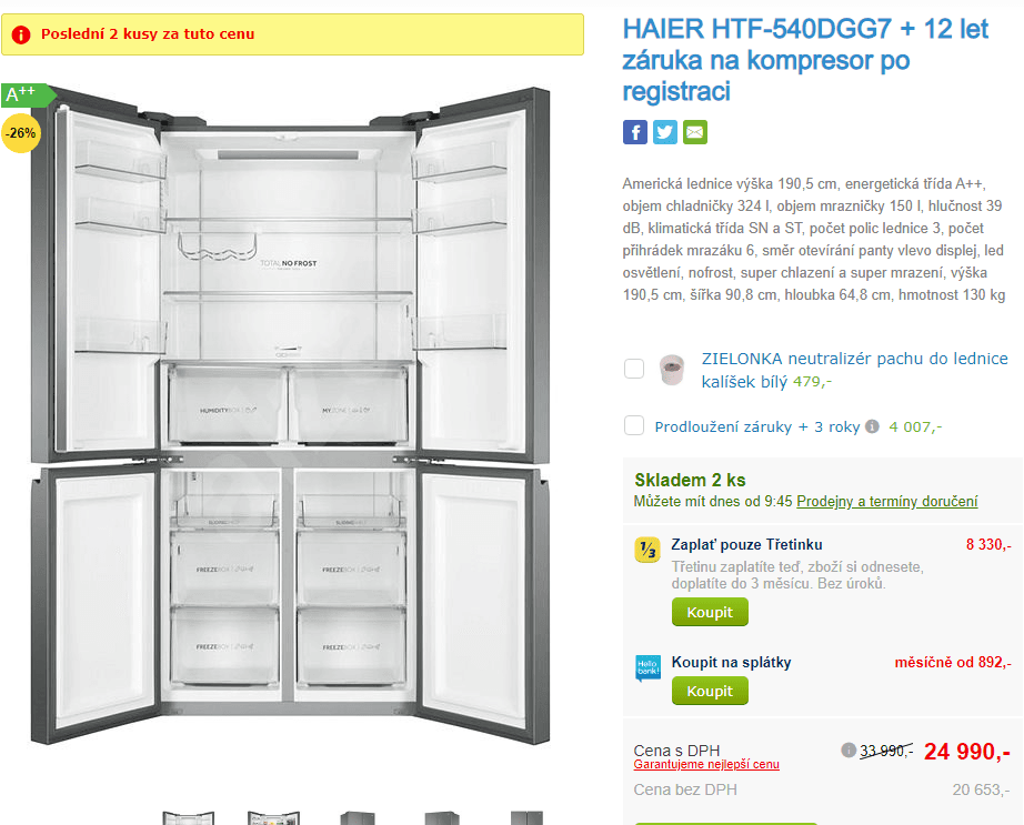 Americká lednice Haier, A++, no frost, 191cm