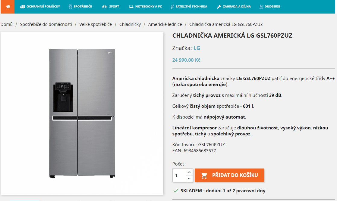 Americká lednice LG, A++, led, nápoje
