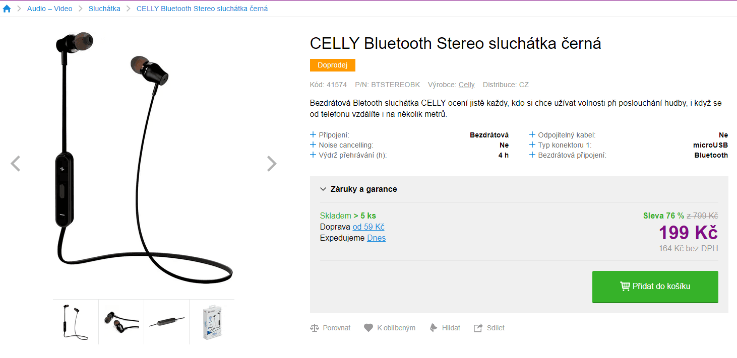 BT sluchátka Celly, dosah 10 m