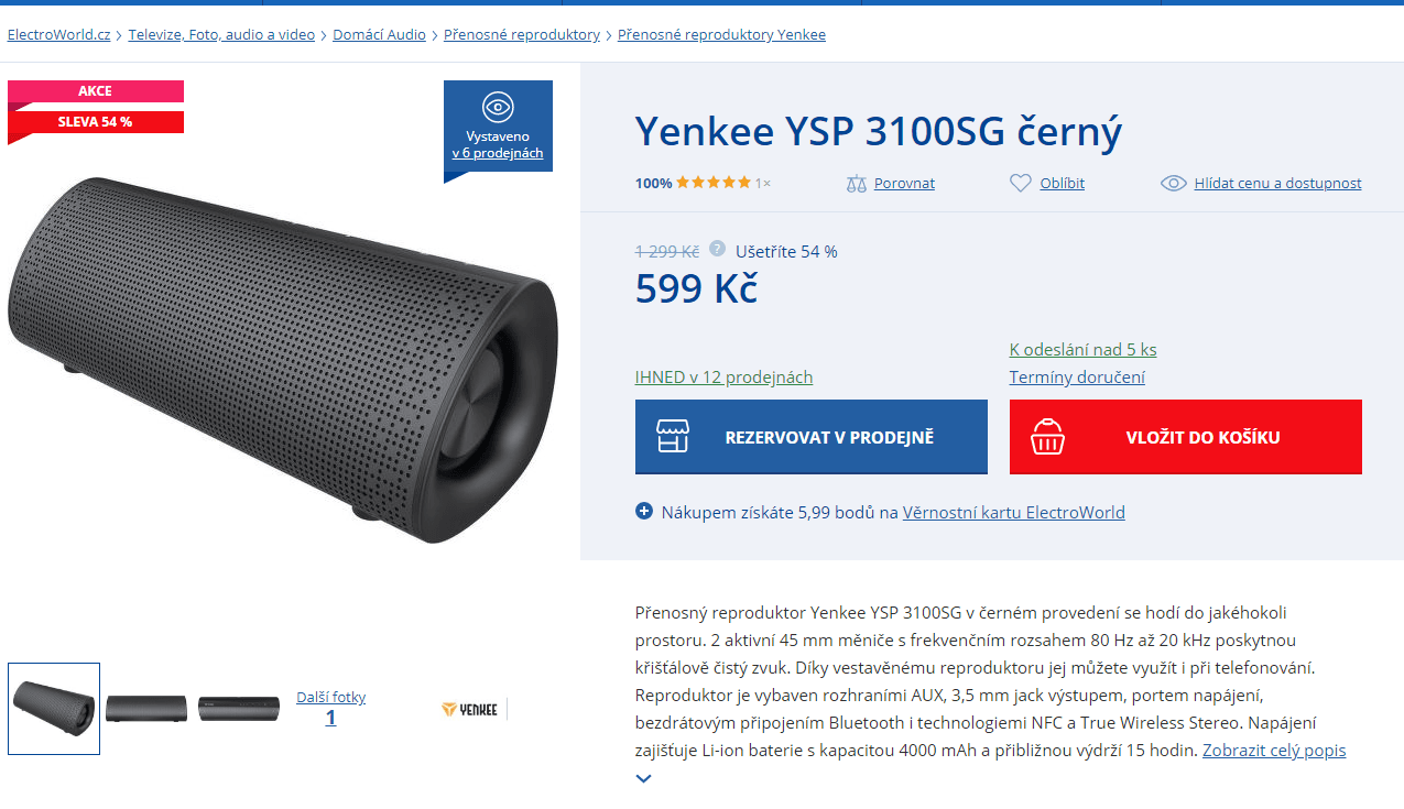 BT reproduktor Yenkee, NFC, 4000 mAh