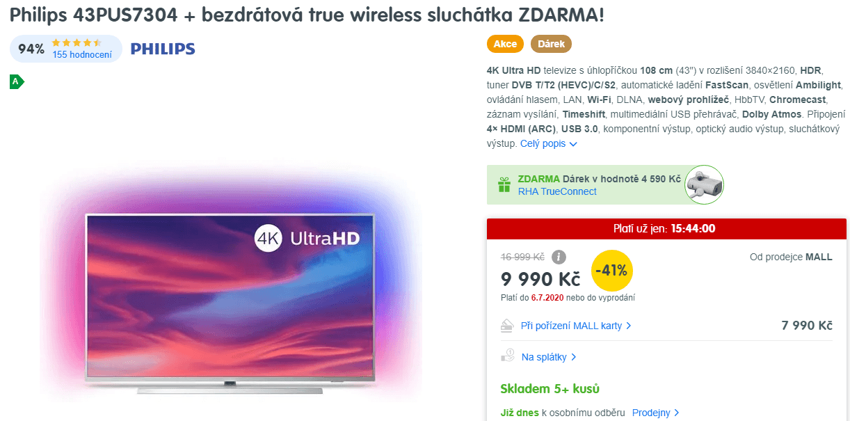 4K Smart TV, Ambilight, 108cm, HDR, Philips