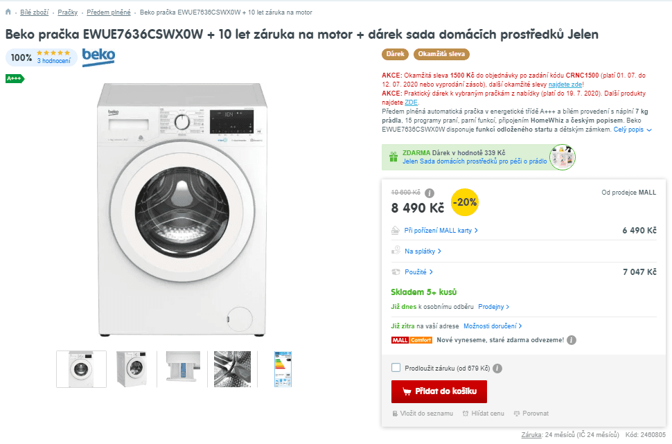 Pračka Beko, A+++, 7 kg, 1200 ot. / min.