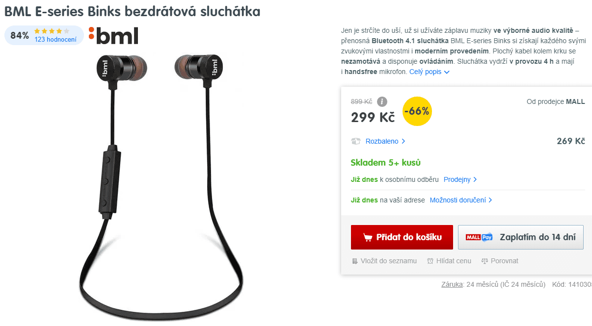 BT sluchátka BML, handsfree