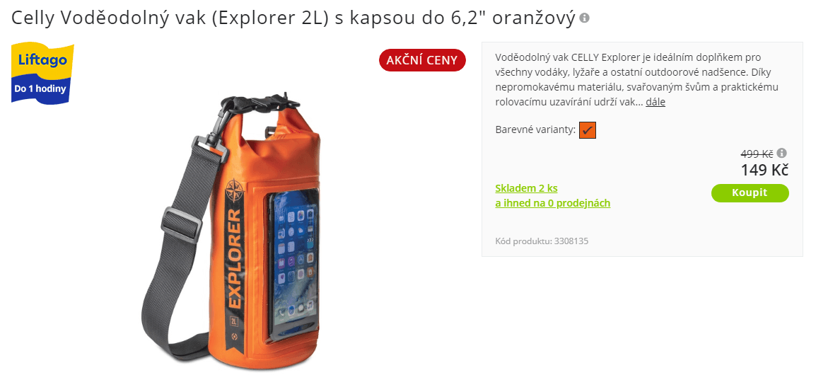 Voděodolný vak 2 litry, Celly, kapsa na mobil