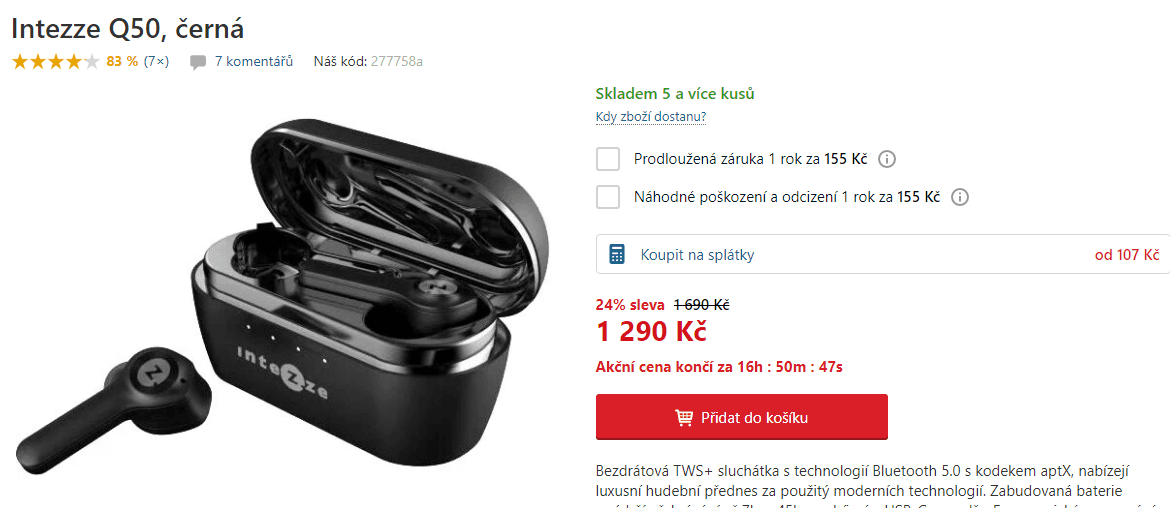 BT sluchátka  Intezze Q50, TWS+