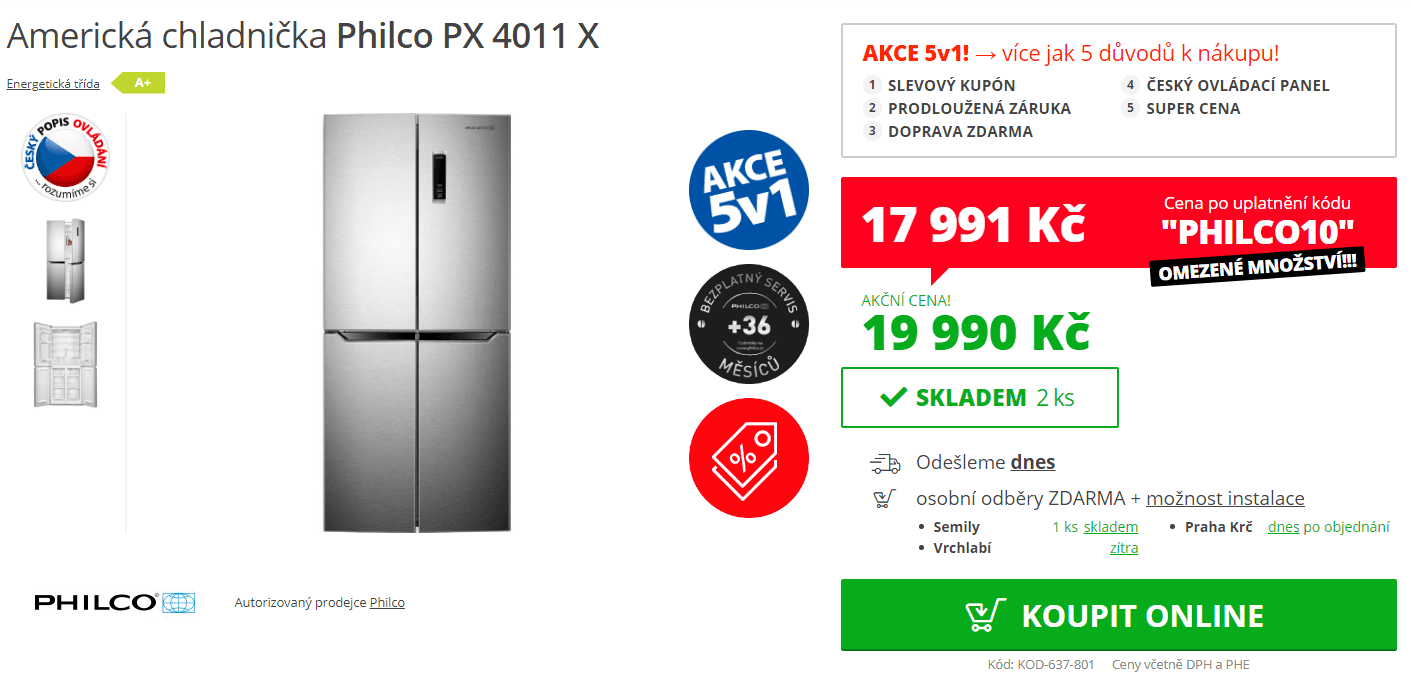 Americká lednice Philco, A++, 180x79 cm