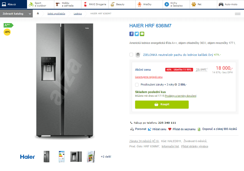 Americká lednice Haier, A++, 426 l