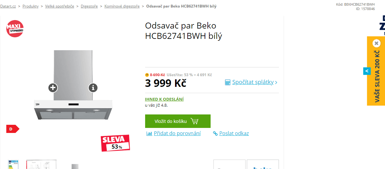 Komínová digestoř Beko, 730m, recirkulace