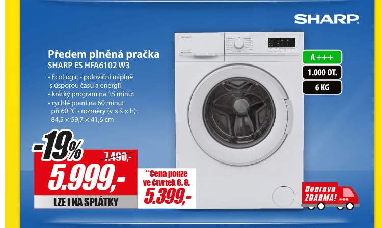Pračka Sharp, 6kg, 1000 ot., A+++, 42cm