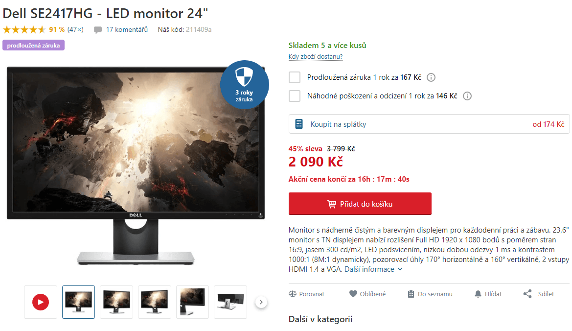 Herní PC monitor Dell, 24", full HD