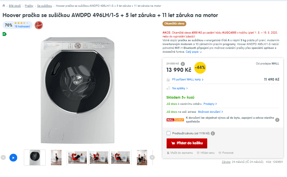 Pračka se sušičkou Hoover, A, 9/6 kg, 1400 ot. / m