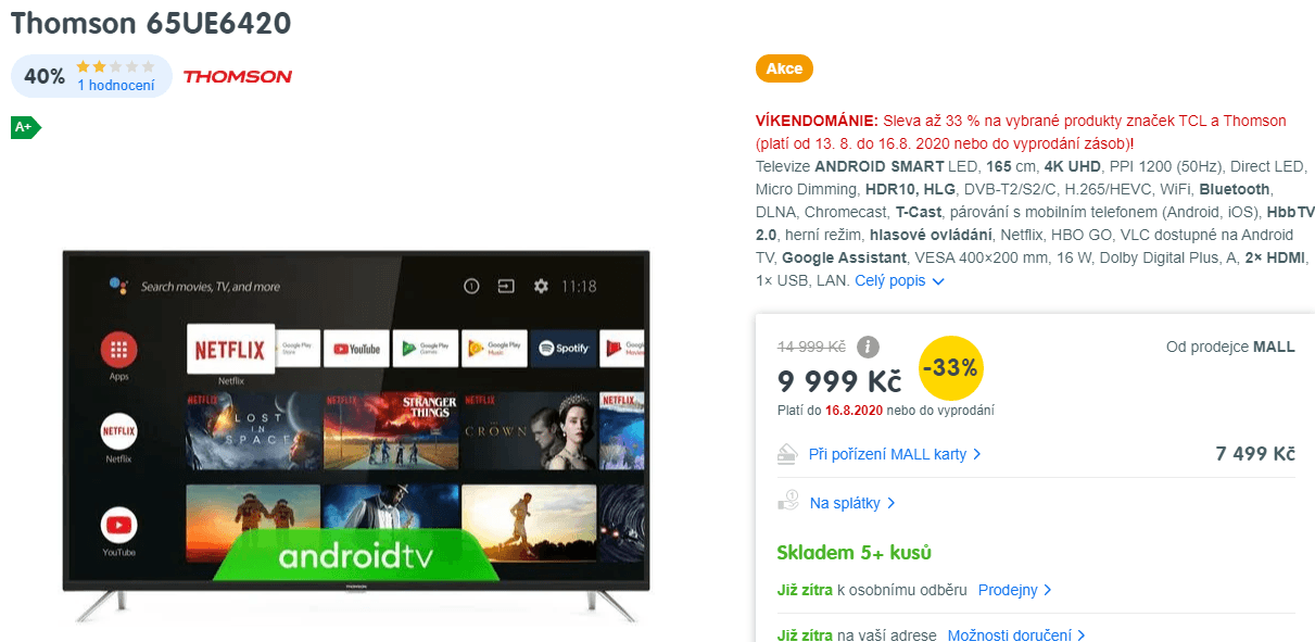 4K Smart TV, Android, 165cm, HDR, Thomson