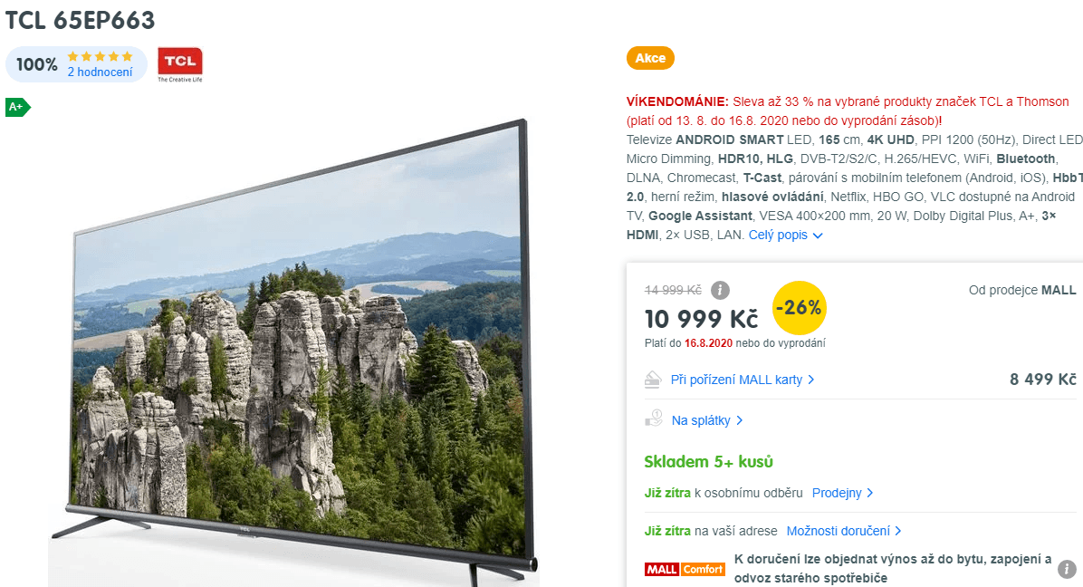 4K Smart TV, Android, 165cm, HDR, TCL