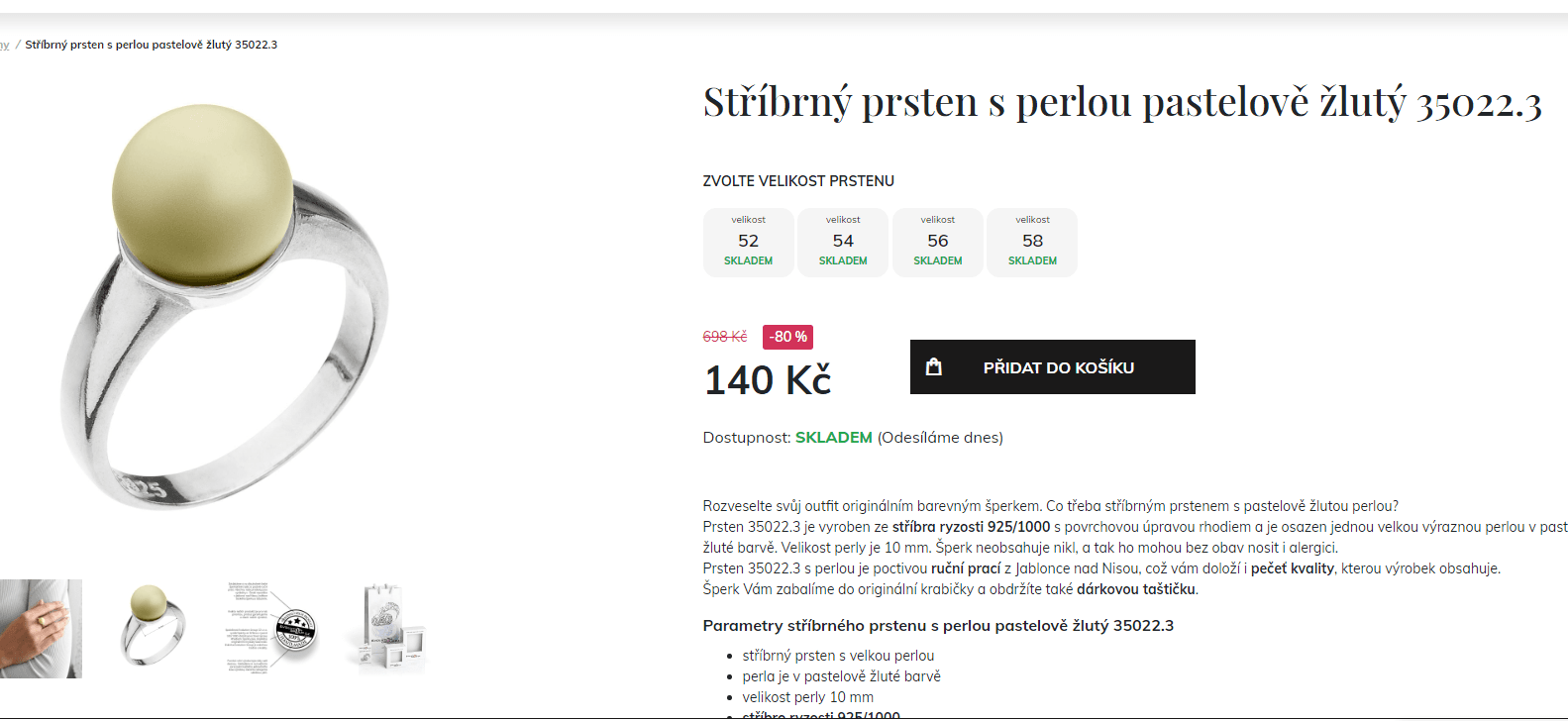 Stříbrný prsten s perlou pastelově žlutý