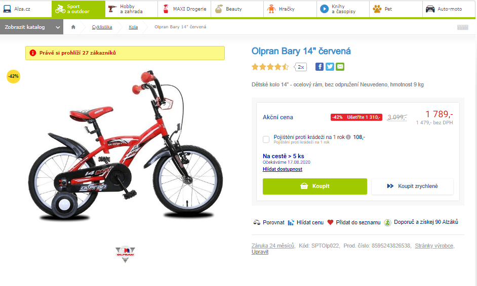 Dětské kolo Olpran Bary 14", kolečka
