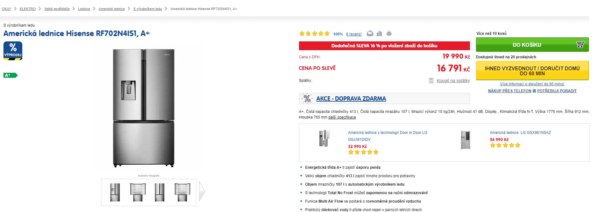 Americká lednice Hisense, led, displej, no frost