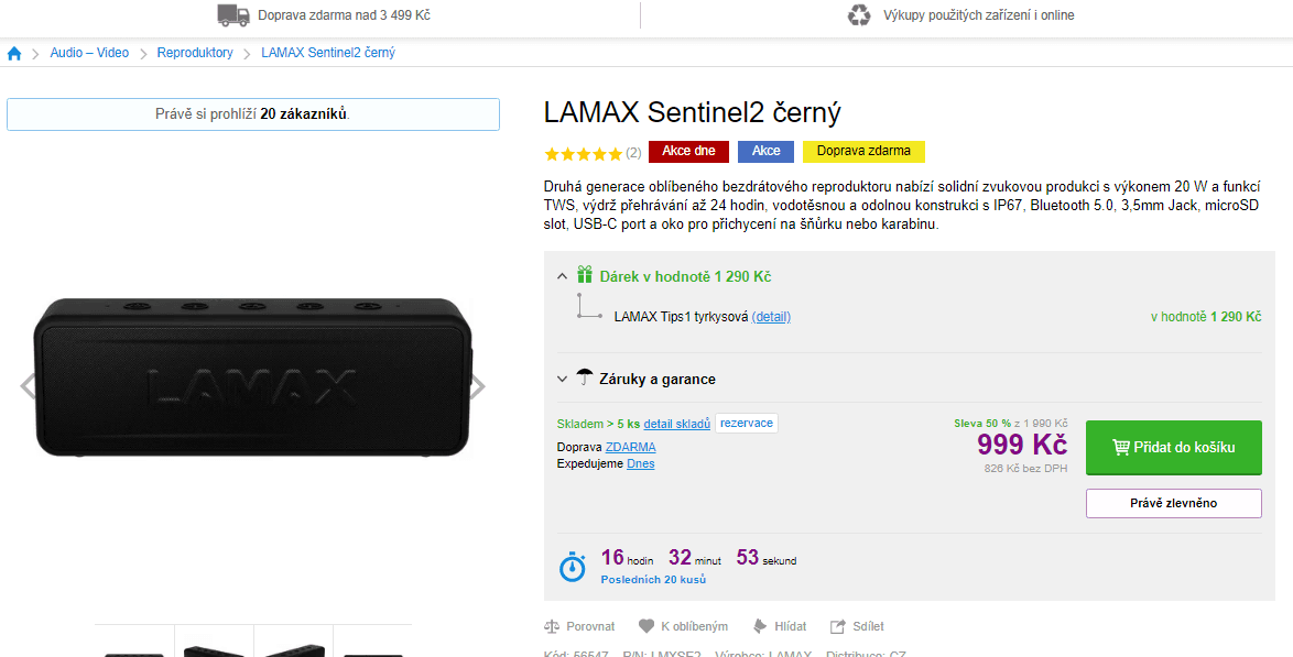 BT repro Lamax Sentinel2, 20W, 24hodin