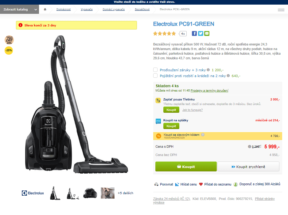 Bezs. vysavač Electrolux, 500 W, cyklón