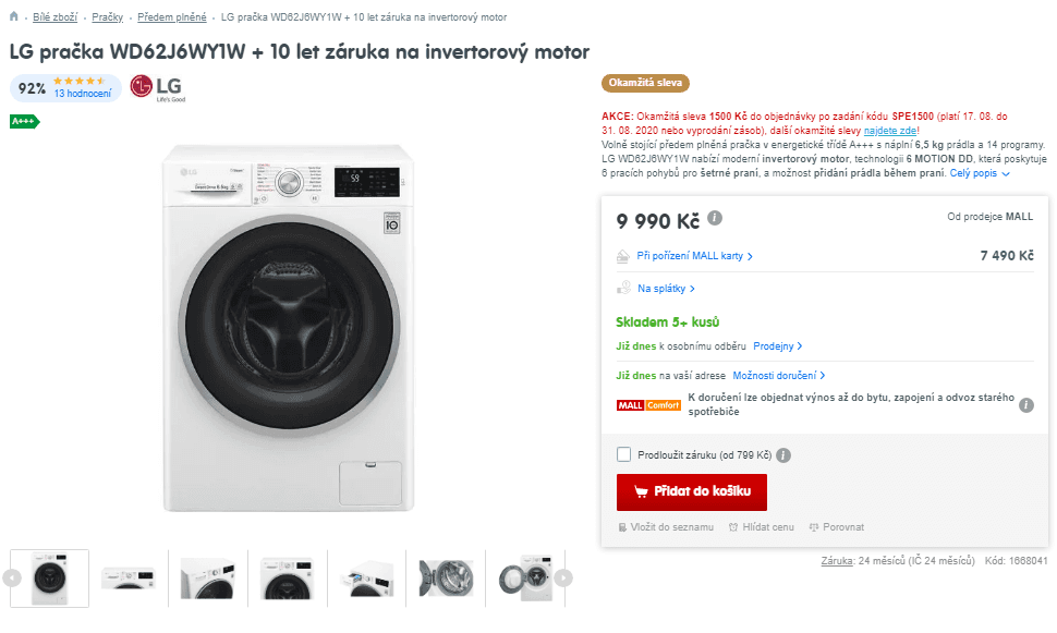 Pračka LG, 6,5kg, 1200 ot., pára, A+++