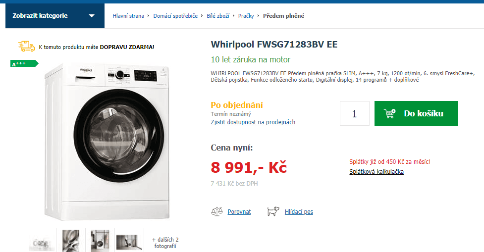 Pračka Whirlpool, 7kg, 1200 ot., A+++, 43,5cm