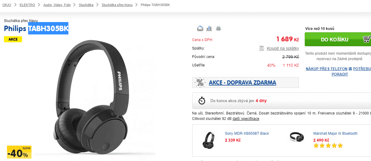 Bezdrátová sluchátka Philips TABH305