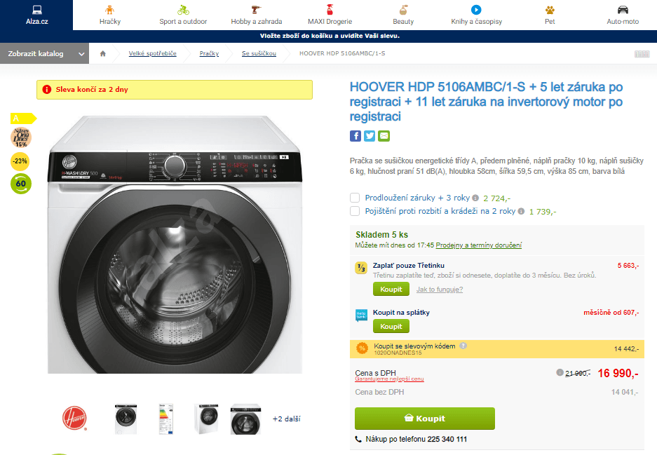 Pračka se sušičkou Hoover, 10/6 kg, 1 500 ot/min