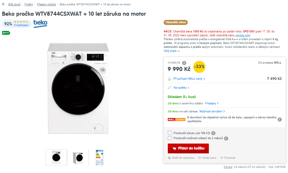 Pračka Beko, A+++, 8 kg, 1400 ot. / min.